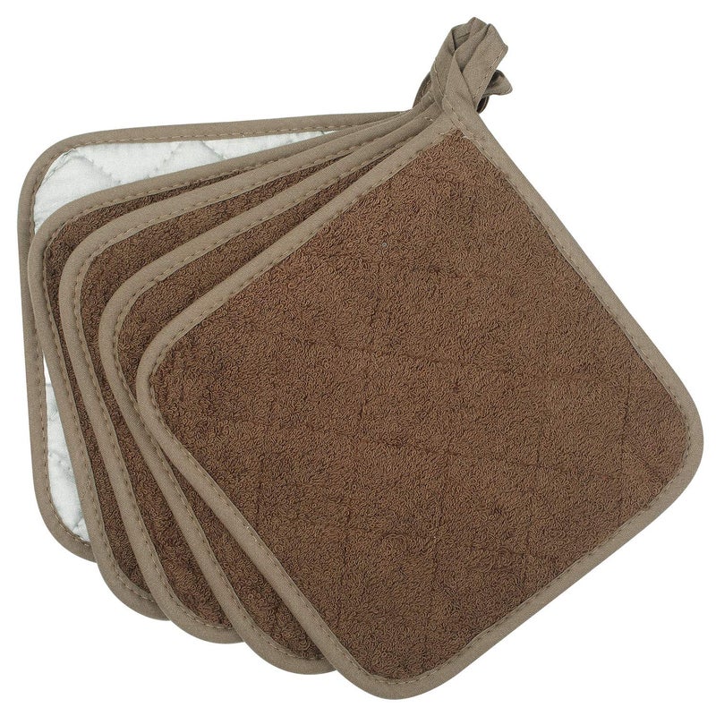 lifaith 100% Cotton Kitchen Everyday Basic Terry Pot Holder Heat Resistant Coaster Potholder for Cooking and Baking Set of 5 Brown - Image 2